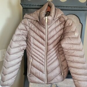 Michael Kors Quilted Hooded Puffer Jacket in Light Taupe